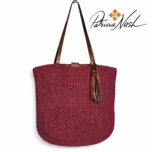 Patricia Nash Crocheted Tote Bag Burgundy Leather Straps Tassel Boho Preloved
